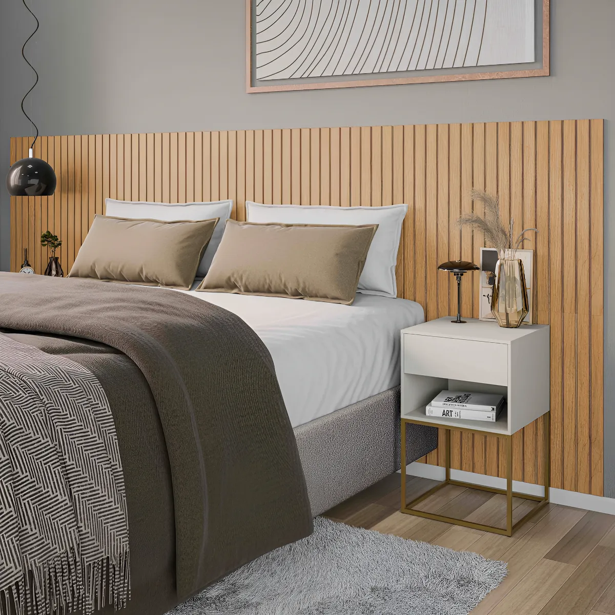 3) LH Móveis – Cabeceira Casal Ripada MDF