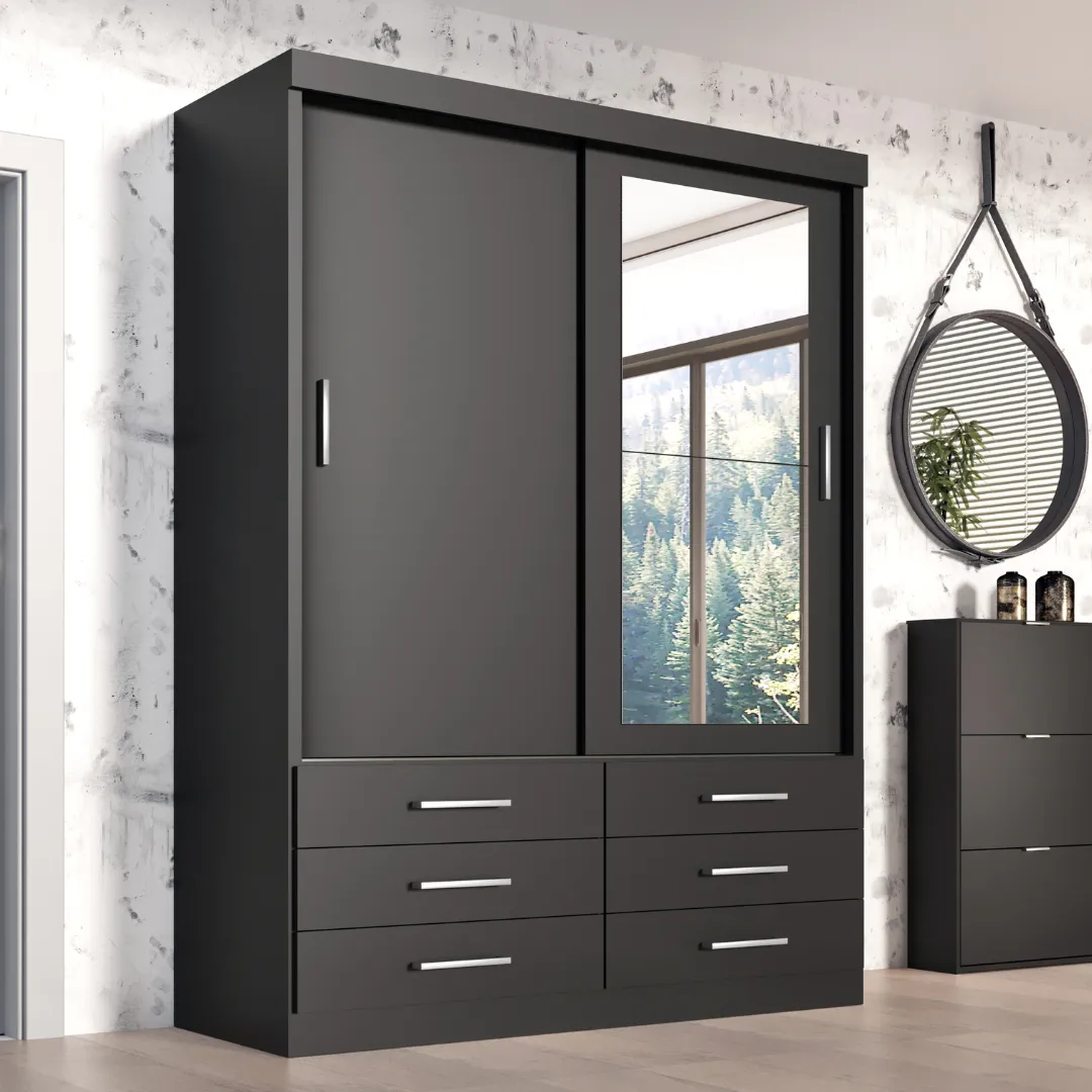 5) Guarda-Roupa Solteiro Capri 2 Portas 6 Gavetas com Espelho – Tonielque Móveis